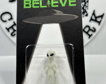 Grey Alien Glow-In-The-Dark Miniature Custom Carded 2” Figure UFO Believe Edition - Cryptid Craftwork