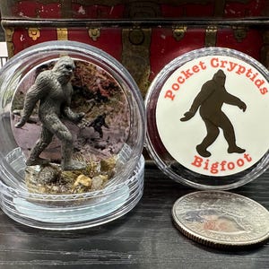 Puede incluir: Una cúpula de plástico transparente con una pequeña figura de Bigfoot gris en su interior. La cúpula está sobre una superficie de madera. La cúpula está etiquetada como "Pocket Cryptids Bigfoot".