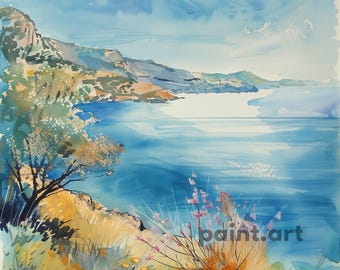 Puede incluir: Una pintura de acuarela de un paisaje marítimo con un cielo azul, una masa de agua azul y una costa rocosa. La pintura está hecha en un estilo suelto e impresionista.