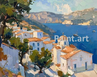 Puede incluir: Una pintura de un pueblo blanco con techos de tejas rojas en una ladera con vistas a un mar azul. El pueblo está enclavado entre dos colinas verdes. El cielo es azul con nubes blancas.