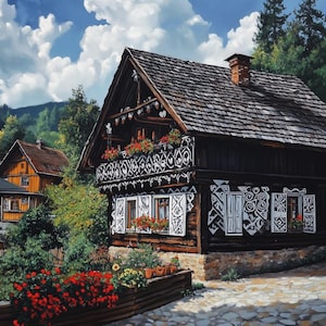Čičmany Cottage, Slovak, Slovakia, Cicmany, Slovak architecture, Home Decor, Digital Download Painting, Slovak landscape, Slovak, Slovakia