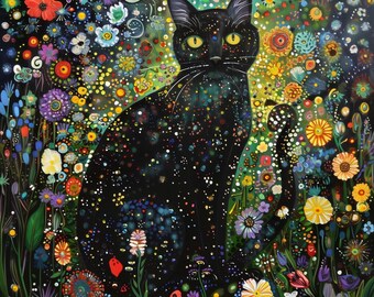 黒猫の花の草原アート：ファンタジーなホームデコレーション（デジタル