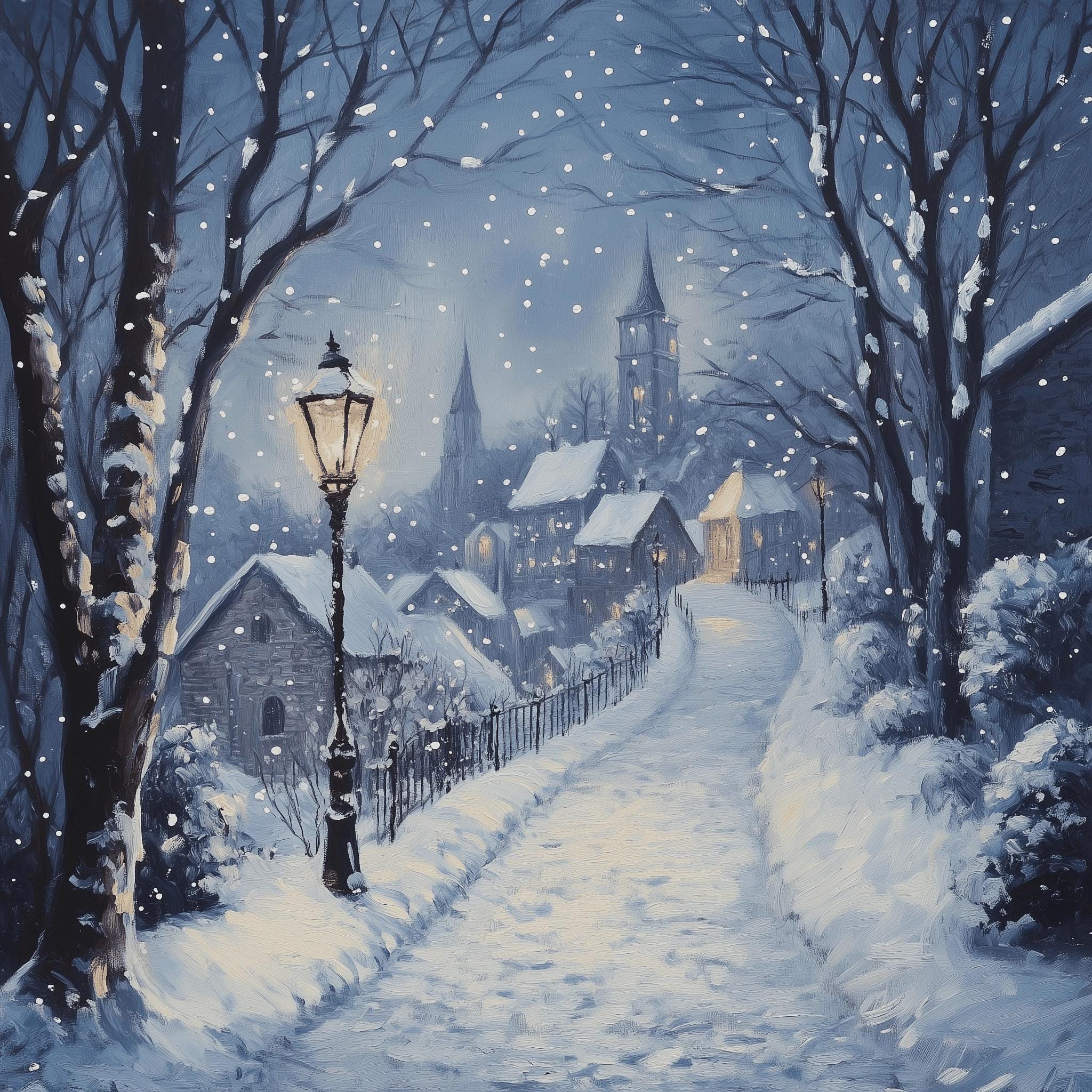 冬の村の油絵：懐かしい雪景色（デジタルダウンロード） - Etsy 日本