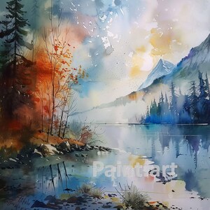 Herfst bergmeer aquarel kunstafdruk (digitale download)