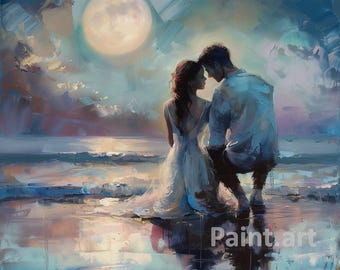Moonlight Couple Painting, Romantic Nostalgic Art (Digital Download)