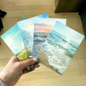 Vintage ansichtkaarten, kunstwerk, wenskaarten, bloemenkaarten, set van 7 wenskaarten, zee, zonsondergang, lenteweide