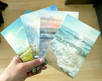 Vintage Watercolor Postcards, Sea, Sunset, Spring Meadow, Set of 7