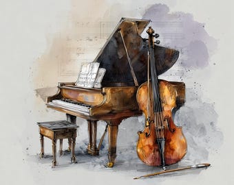 Può includere: Illustrazione ad acquerello di un pianoforte a coda, un violoncello e un leggio. Il pianoforte è marrone con la parte superiore nera e lo spartito poggia sul leggio. Il violoncello è di un caldo colore marrone e l'arco è appoggiato a terra.
