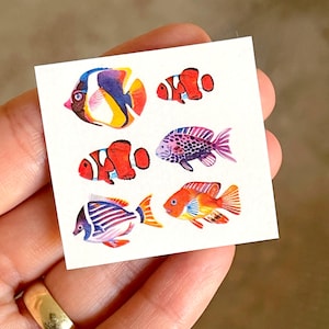 Può includere: Un foglio di adesivi quadrato con sei illustrazioni di pesci ad acquerello colorati. I pesci hanno varie forme e colori, tra cui rosso, arancione, blu, viola e giallo. Il foglio di adesivi è tenuto in mano.