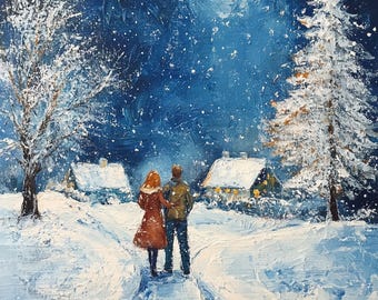 冬の散歩の油絵：雪に覆われた村の風景（デジタルアートワーク