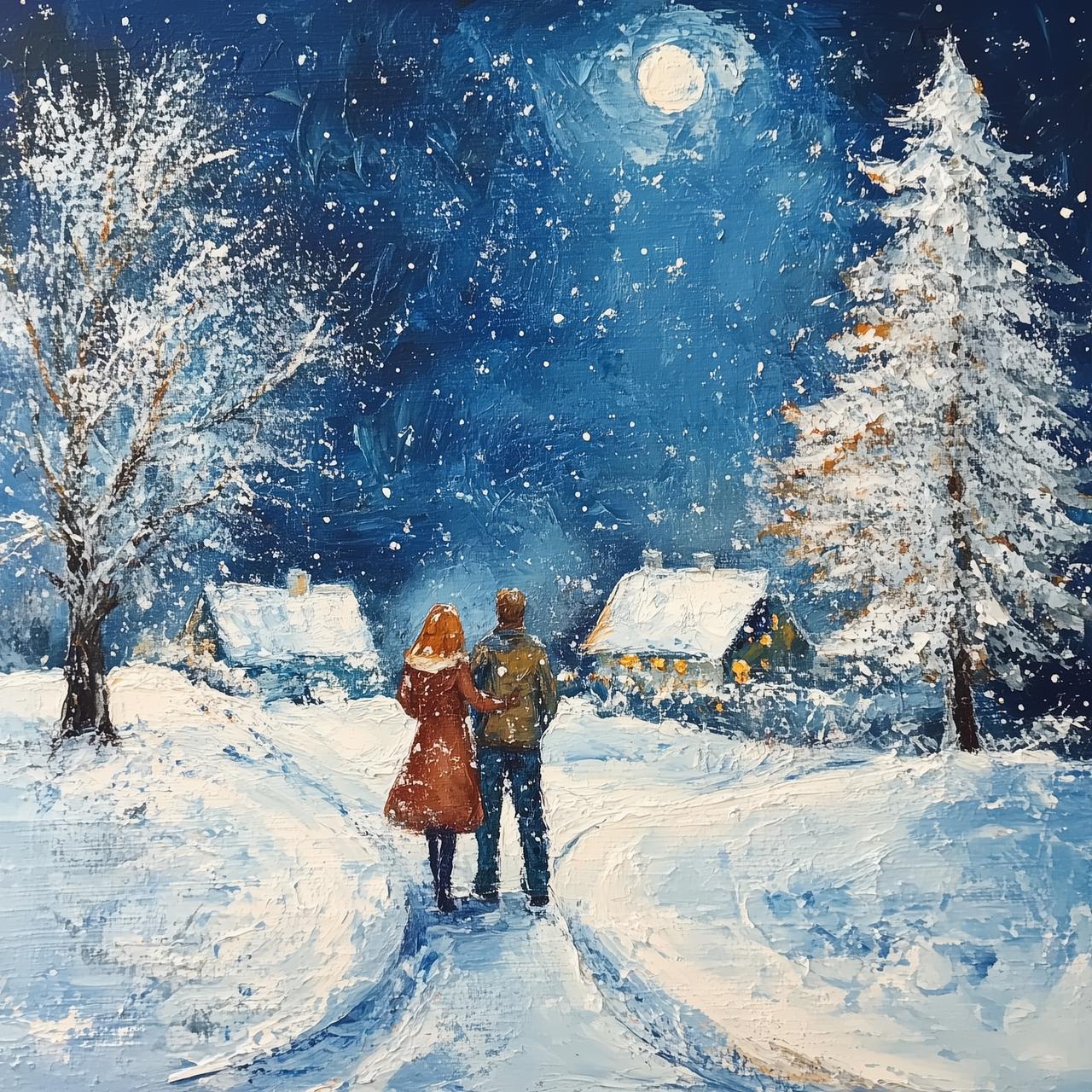 冬の散歩の油絵：雪に覆われた村の風景（デジタルアートワーク