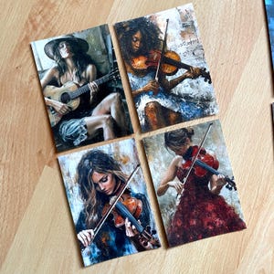 Ansichtkaarten Muzikanten, ansichtkaarten vintage motief, illustratie, wenskaarten, wenskaarten, muziekthema, gitarist, viool, violist, gitaar, set van 4