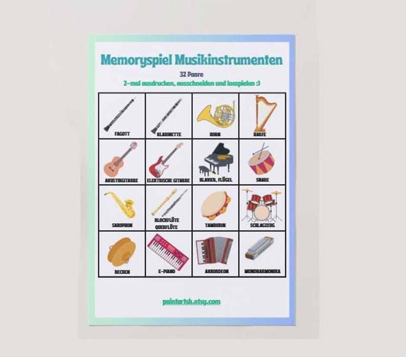 Musical Instruments Memory Drawing Musical Instrument Memory Game | Printable Cards + Coloring (PDF) - Etsy