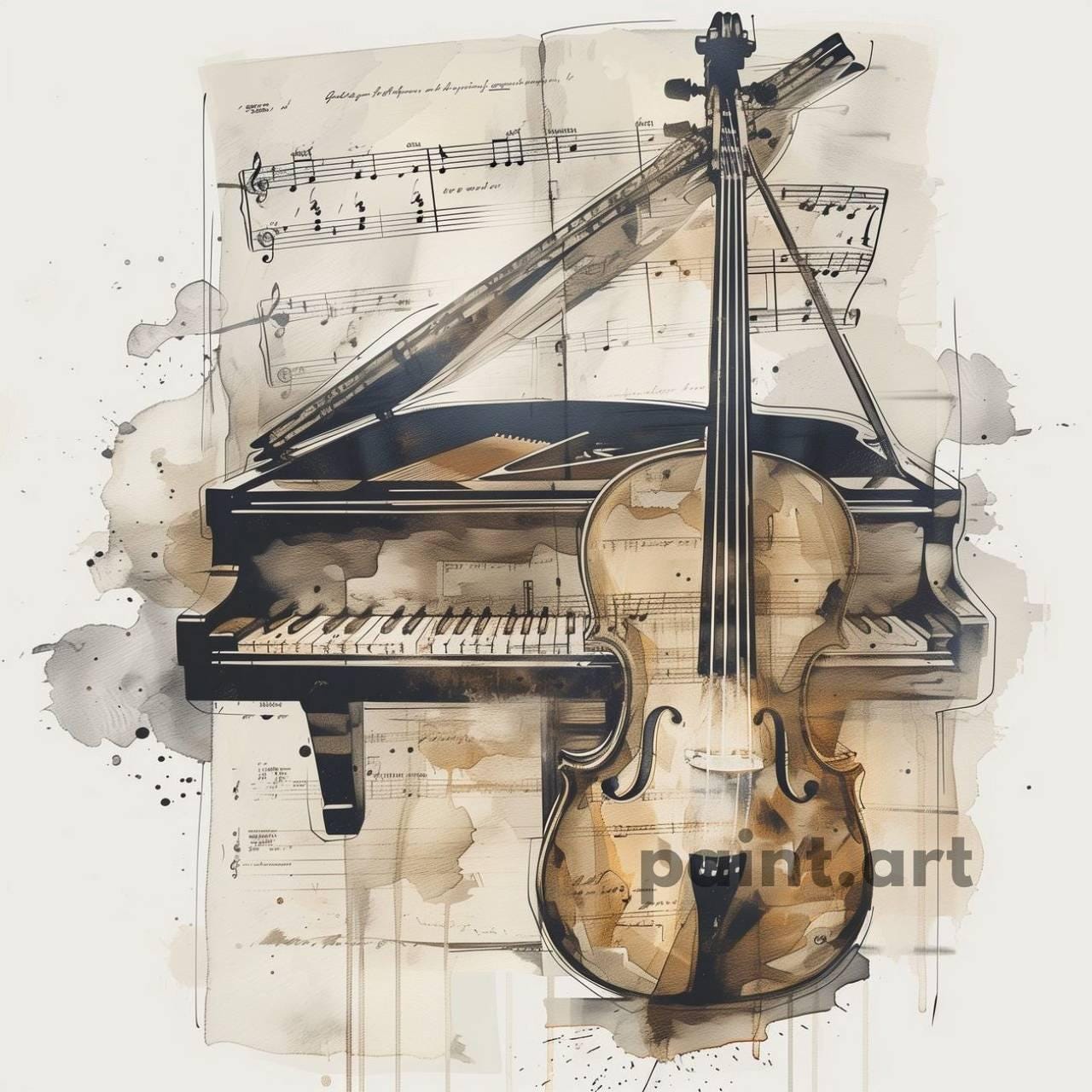 Vintage Piano and Violin Art Print, Musical Home Decor (digital ...