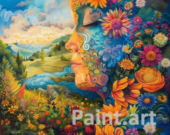 Floral Woman Portrait Art Print, Colorful Abstract Painting (Digital Download)