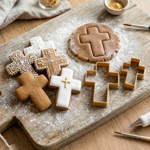 May include: A wooden cutting board displays cross-shaped cookies, cookie cutters, and dough. Some cookies are decorated with white icing and gold accents. Flour dusts the board, and a small bowl of gold sprinkles is visible.
