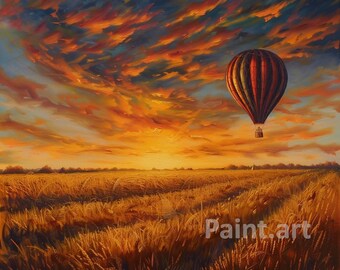 Arte imprimible de un atardecer en globo aerostático, cielo romántico (descarga digital)