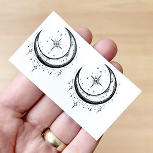 Hoja de tatuaje temporal Luna creciente, tatuajes de luna creciente, tatuajes pequeños, tatuajes únicos, motivos de estrellas, monocromo, luna y estrellas, estrella