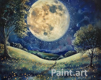 Summer Night Full Moon Art Print: Starry Landscape (digital
