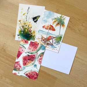 Set di 3 cartoline con motivo estivo, opere d'arte vintage e biglietti di auguri, collezione di cartoline uniche, anguria, spiaggia, farfalla