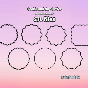 May include: An image featuring seven black outline cookie and clay cutter designs on a gradient pink and purple background. The text "Cookie and clay Cutter", "INSTANT DOWNLOAD", and "STL files" is displayed at the top.
