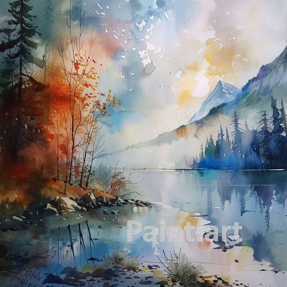 秋の山湖の水彩画アートプリント（デジタルダウンロード） - Etsy 日本
