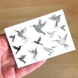 Tatuaje temporal de colibrí, tatuajes de colibrí, tatuajes pequeños, tatuajes pequeños de colibrí, tatuaje temporal único, motivos de aves, negro