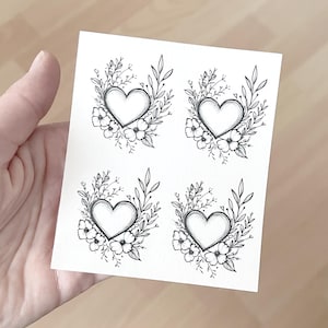 Temporary tattoo sheet Heart, Floral Heart Tattoo, Flower Tattoo, Tiny Tattoos, Black Monochrome, fake tattoo, tattoo set, Heart Tattoo,