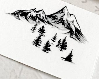 Mountain Temporary Tattoo Sheet, Black Monochrome Nature Tattoos