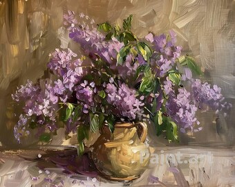 May include: A bouquet of purple lilac flowers in a brown ceramic vase. The flowers are arranged in a loose, natural style, and the vase is simple and elegant.
