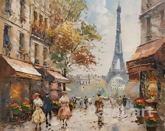 May include: A painting of a Parisian street scene with the Eiffel Tower in the background. The street is lined with buildings and trees, and there are people walking on the sidewalk. The painting is done in a realistic style with a focus on detail.