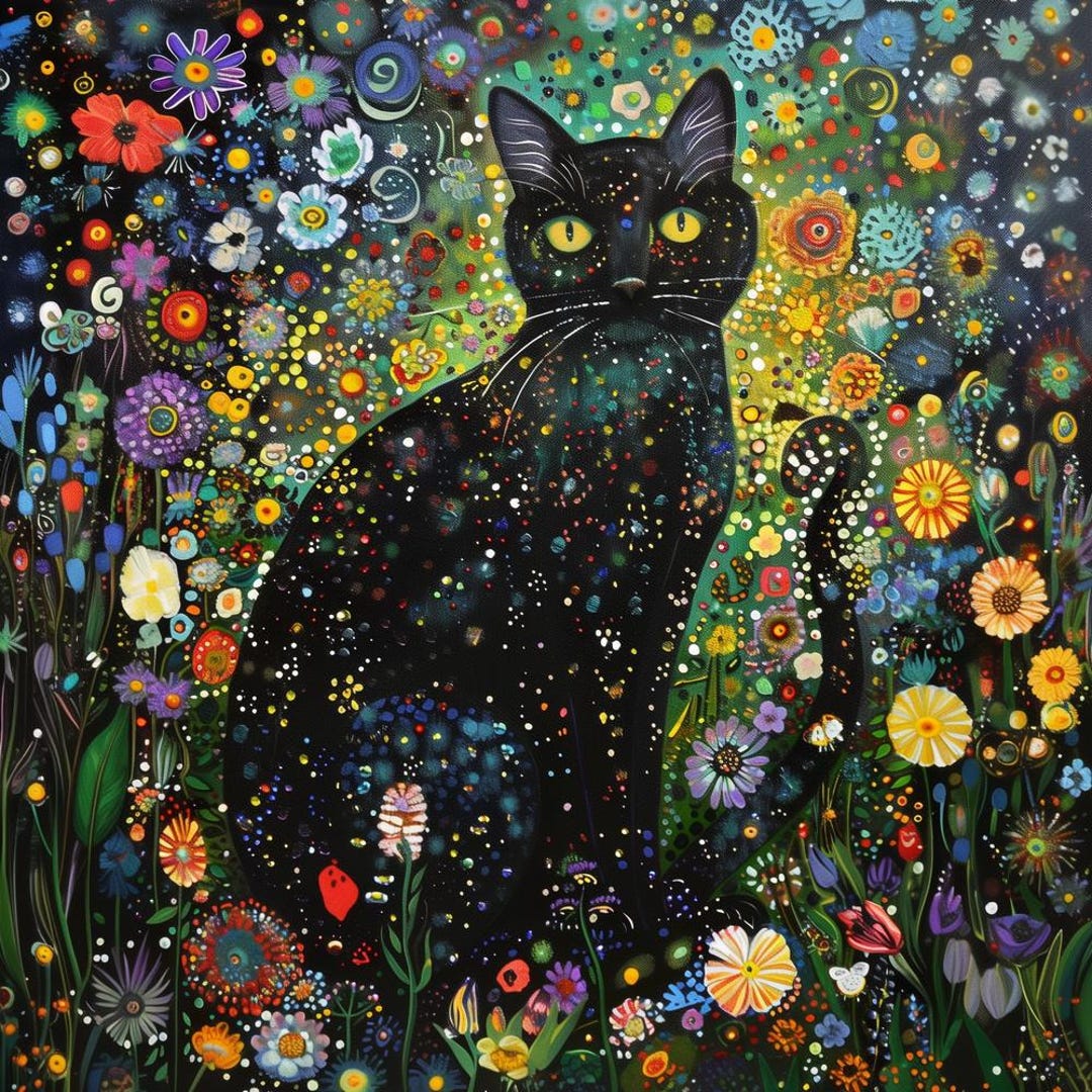 黒猫の花の草原アート：ファンタジーなホームデコレーション（デジタル