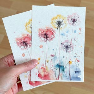 Ansichtkaart aquarel paardebloemen, ansichtkaarten met bloemmotief, regenboogbloemen kunstwerk, wenskaarten, bloementhema, kaarten met kleurrijke bloemen