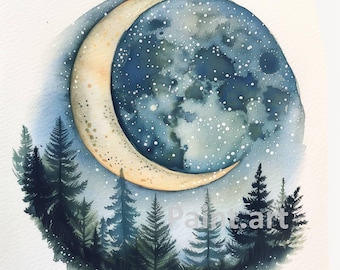Pode incluir: Pintura em aquarela de uma lua crescente com um céu estrelado dentro, cercada por uma floresta verde escura de pinheiros.