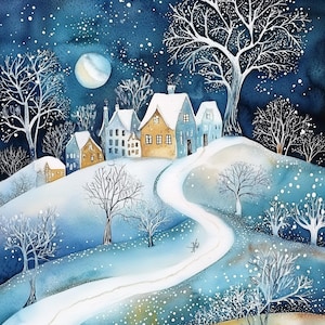 Winter Artwork, Whimsical winter, Winter Landscape, Snowy landscape, Christmas Printable Art, Snowy winter, Vintage Landscape, Snowy
