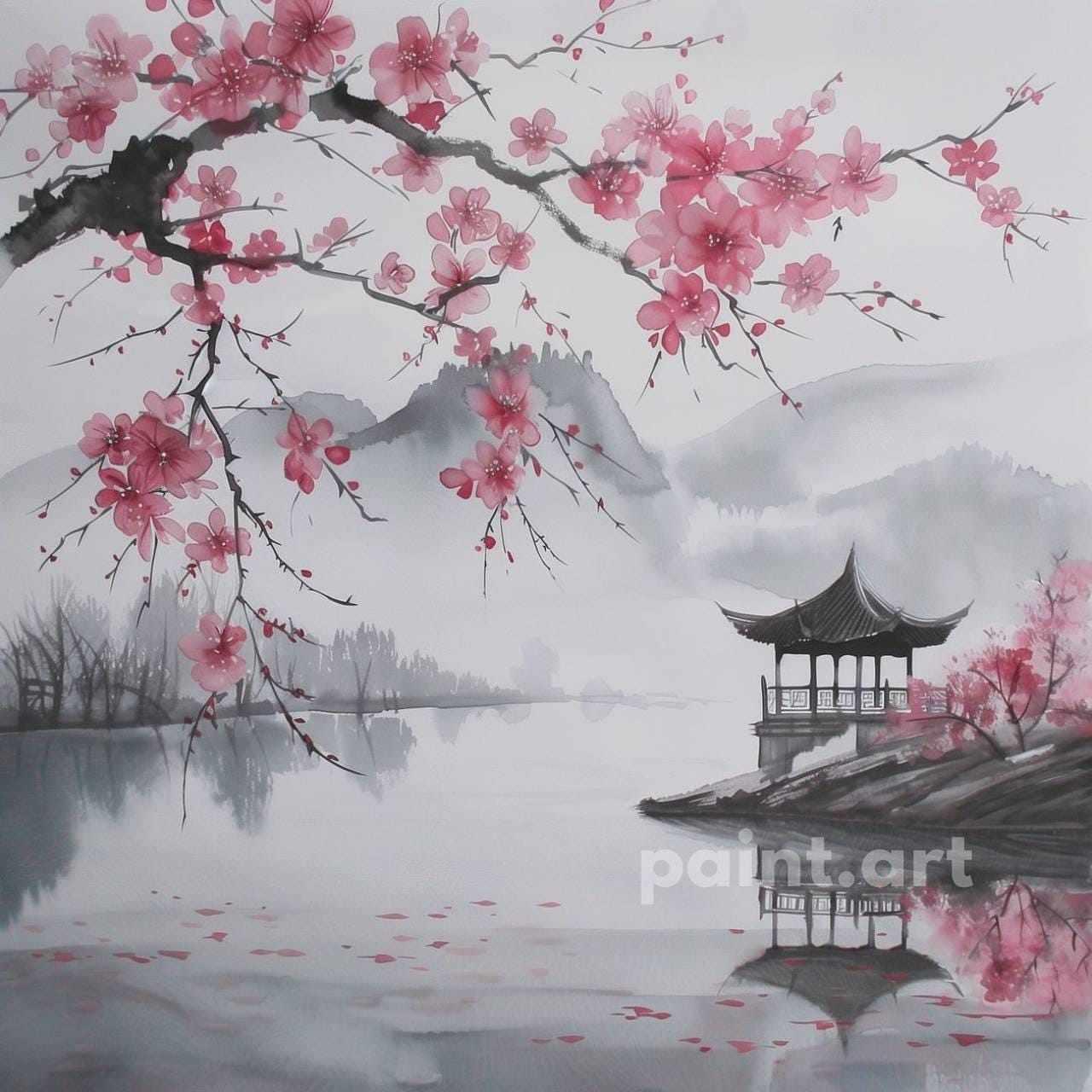 中国の桜のアートプリント - アジアの風景画（デジタルダウンロード