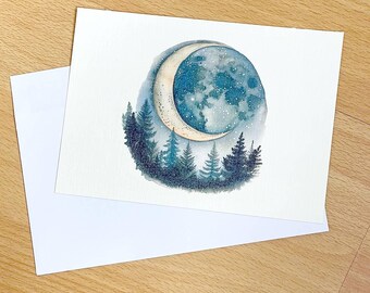 Postcard Moon, Vintage Postcards for Greetings & Wishes, Crescent Artwork, Starry Night Design Cards