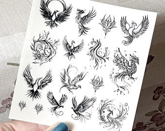 Phoenix Temporary Tattoo Sheet, Black Monochrome, Whimsical Tattoos
