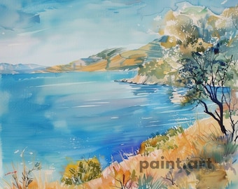 Puede incluir: Una pintura de acuarela de un paisaje marítimo con un cielo azul, una masa de agua azul y una colina verde con un árbol en primer plano.