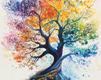 Regenboog levensboom kunstprint, kleurrijk woondecoratie (digitale download)