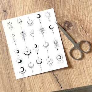 Celestial Tattoos, Temporäre Tattoo Blatt, kleine Tattoos, Tattoo Blatt, Halbmond, moonTattoos, Mondsichel Tattoos, Ethereal Tattoos
