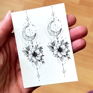 Hoja de tatuaje temporal Luna creciente, Tatuajes de luna, Tatuajes pequeños, Tatuaje único, Motivos de estrellas, Monocromo, Adorno de luna creciente, Flor