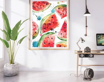 May include: Watercolor painting of watermelon slices on a white background. The slices are arranged in a random pattern and are painted in shades of red, green, and yellow. There are also some blue and pink paint splatters on the background.