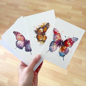 Cartolina farfalla, cartoline con motivo animale, opera d'arte farfalla acquerello, cartoline di auguri, biglietti di auguri farfalla colorata, set di 3