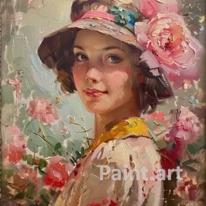 Girl In The Hat Printable Art, Digital Artwork, Vintage Wall Art, Home Decor, Digital Download Painting, Woman Portrait, Romantic Style