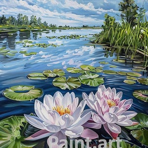 Water Lilies Printable Art, Digital Artwork, Flowers Wall Art, Home Decor, Digital Download Painting, Romantic Style, Water Lilies on Lake