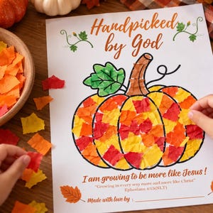 Handpicked by God Pumpkin Craft, Christian Thanksgiving Torn Paper Activity, Fall Bible Craft for Kids, Sunday School Printable PDF