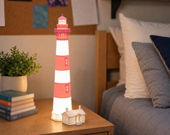 Bodie Island Lighthouse Plug-In Lamp | Pink and White | Dimmable LED Light | 18 Inches Tall