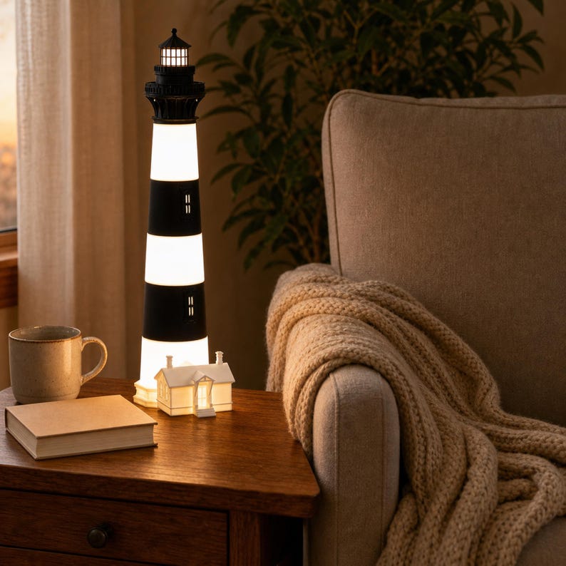 K&ouml;nnte beinhalten: Eine hohe, zylindrische Leuchtturm-Lampe mit abwechselnden horizontalen schwarzen und wei&szlig;en Streifen, gekr&ouml;nt von einer schwarzen Laterne. Ein kleines, wei&szlig;es, hausf&ouml;rmiges Nachtlicht steht an der Basis, beide strahlen ein warmes Licht aus.
