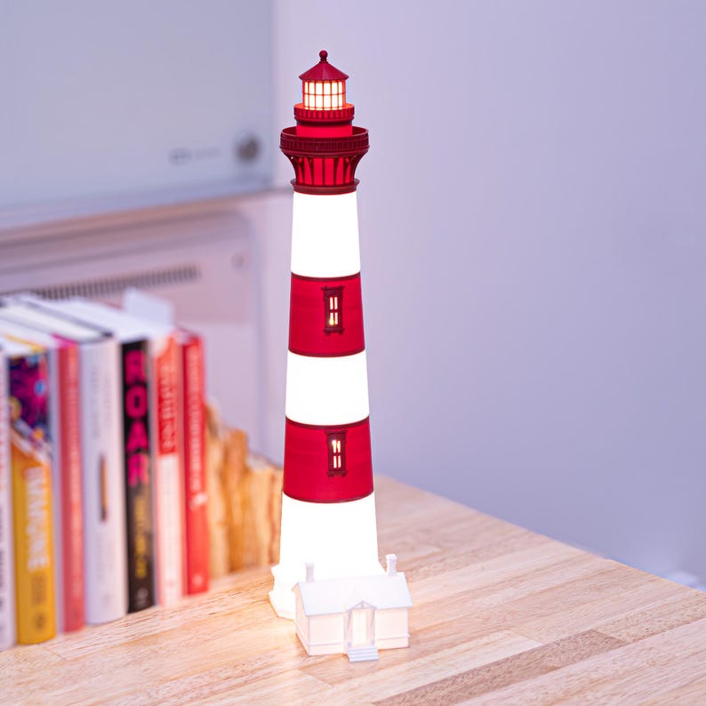 Lámpara de mesa del faro de Bodie Island / Roja y blanca / Grande